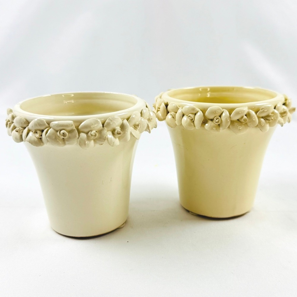 Cute Cream Ceramic Pots 3D Roses 2 pc Glossy Tapered No Drainage Shabby Chic
